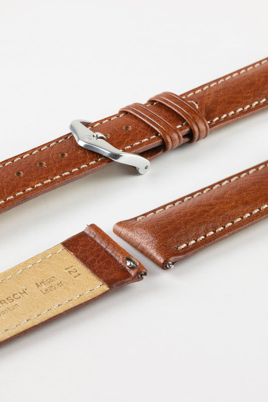 HIRSCH Boston Quick-Release Buffalo Calfskin Leather Strap Gold Brown 20mm Silver Buckle | 01302070-20-SB