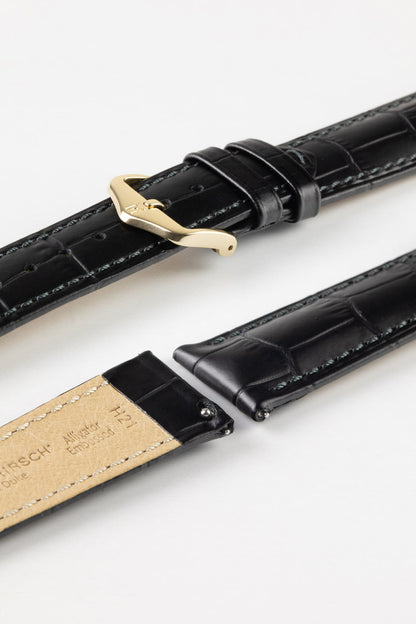 HIRSCH Duke Quick-Release Alligator Embossed Leather Strap Black 19mm Gold Buckle | 01029050-19-GB