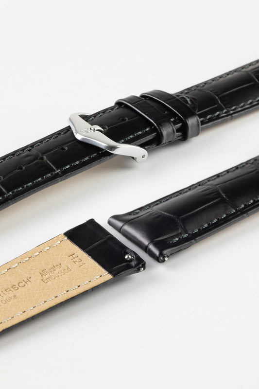 HIRSCH Duke Quick-Release Alligator Embossed Leather Strap Black 19mm Silver Buckle | 01028050-19-SB