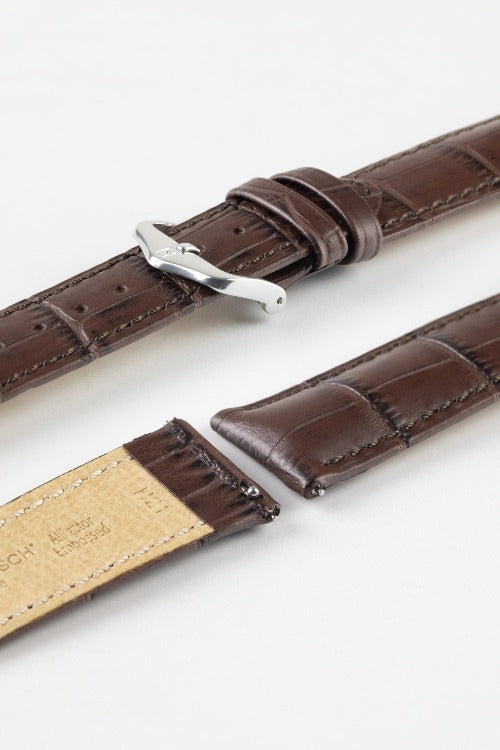 HIRSCH Duke Quick-Release Alligator Embossed Leather Strap Brown 19mm Silver Buckle | 01028010-19-SB