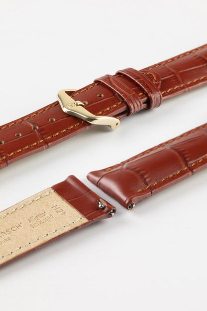 HIRSCH Duke Quick-Release Alligator Embossed Leather Strap Gold Brown 19mm Gold Buckle| 01028070-19-GB