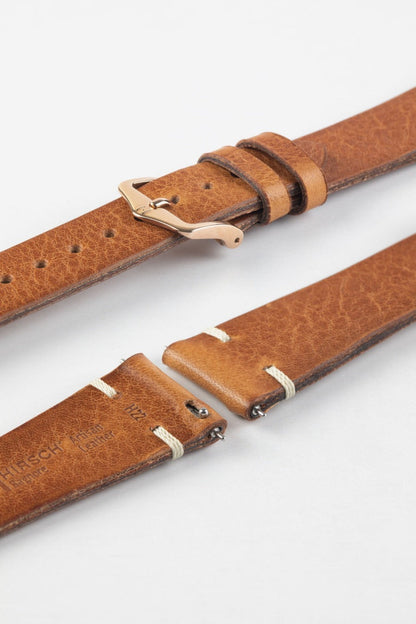 HIRSCH Bagnore Vintage Calf Leather Strap Gold Brown 20mm Rose Gold Buckle  | 05502070-20-RGB