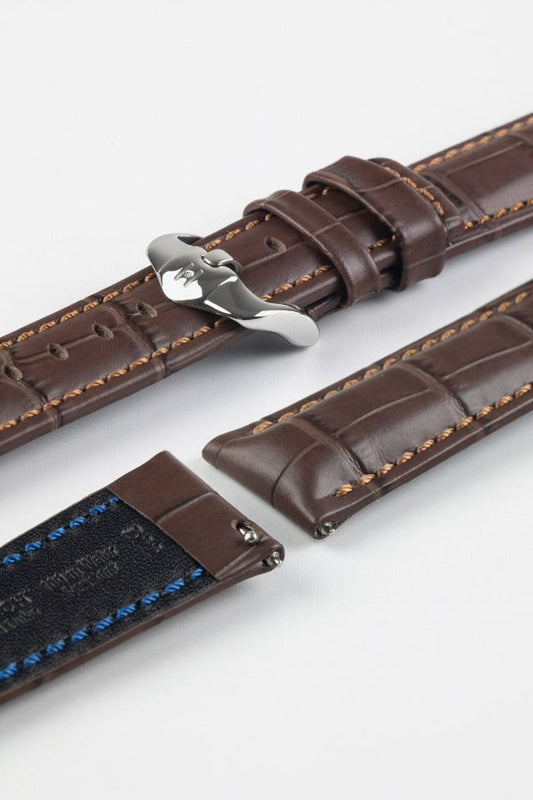 HIRSCH Grand Duke Water-Resistant Alligator Embossed Sport Strap Brown 22mm Silver Buckle| 02528010-22-SB