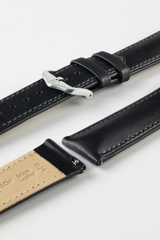 HIRSCH Kent Textured Natural Leather Strap Black 18mm Silver Buckle | 01002050-18-SB