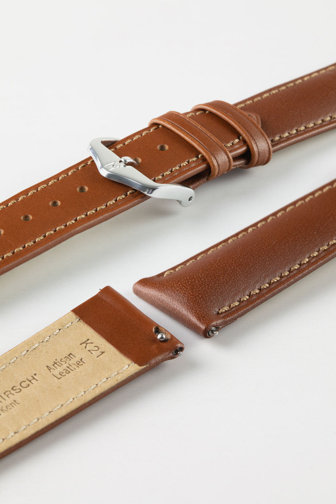 HIRSCH Kent Textured Natural Leather Strap Gold Brown 20mm Silver Buckle | 01002070-20-SB