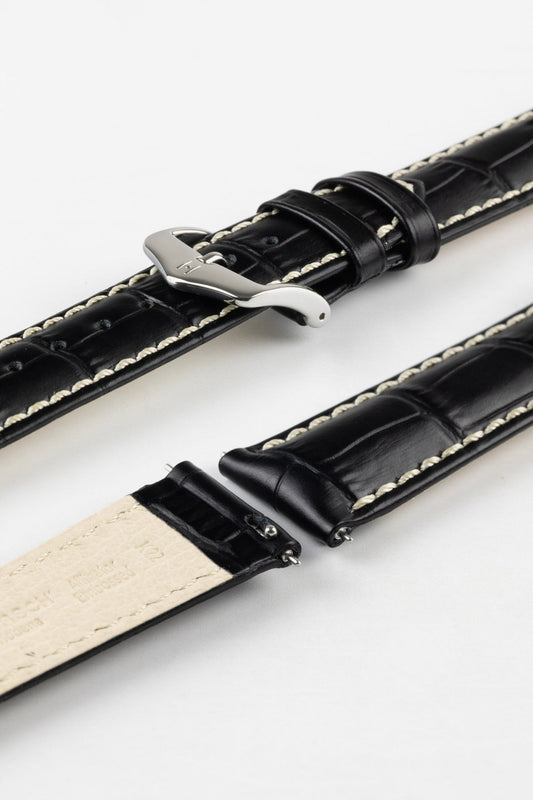 HIRSCH Modena Alligator Embossed Leather Watch Strap Black 18mm Silver Buckle | 10302850-18-SB