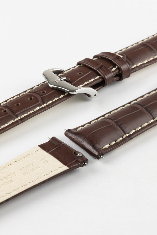 HIRSCH Modena Alligator Embossed Leather Strap Brown 18mm Silver Buckle | 10302810-18-SB