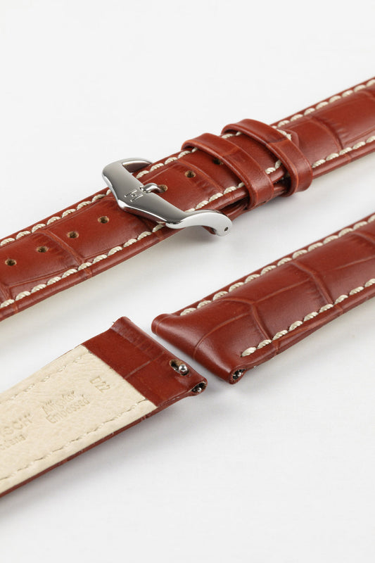 HIRSCH Modena Alligator Embossed Leather Strap Gold Brown 20mm Silver Buckle | 10302870-20-SB