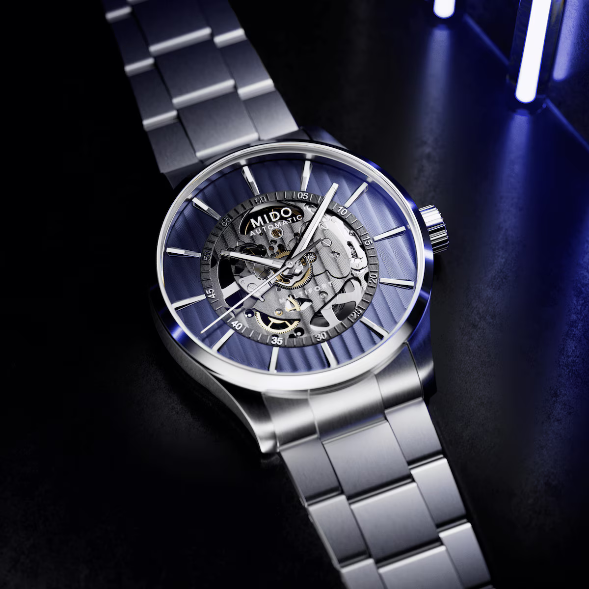 MIDO Multifort Skeleton Vertigo Blue Dial | M038.436.11.041.00