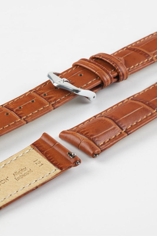 HIRSCH Duke Quick-Release Alligator Embossed Leather Strap Honey 18mm Silver Buckle | 01028075-18-SB